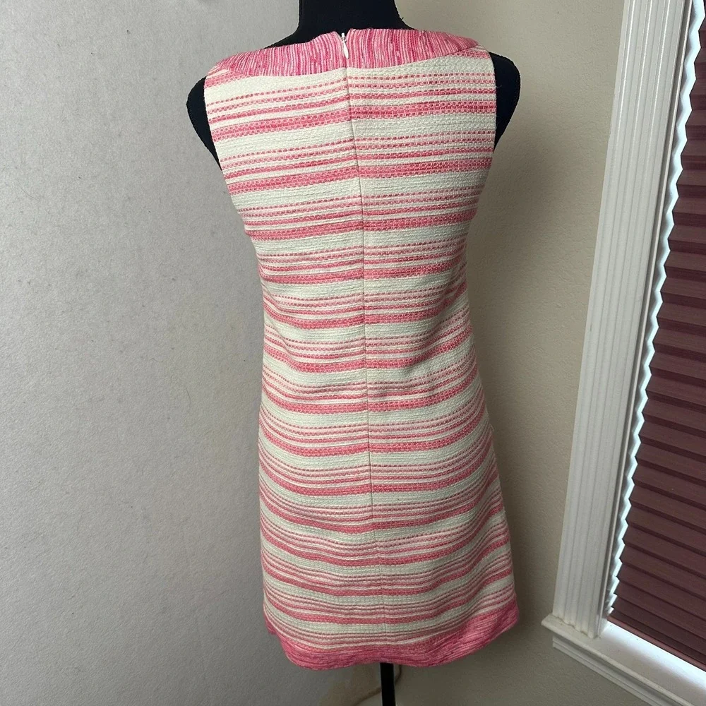 Trina Turk‎ Pink Striped Sleeveless Split Neck Shift Dress TD133015 Made in USA